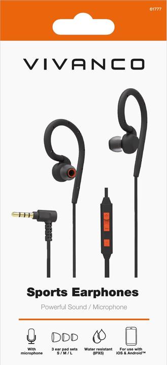Actual product image Vivanco Sports in-ear headphones, for outdoor/indoor training, IPX5, black/orange (Cable)