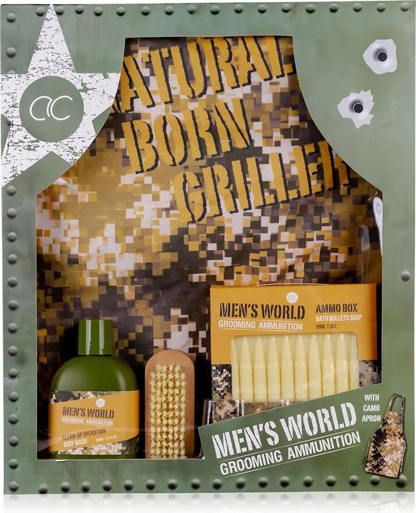 Produktbild Accentra Badeset MEN'S WORLD in Geschenkbox, inkl. 200ml Body Wash, 200g Seife in Munitionform, Holz-Nagelbür (Körperpflegeset)
