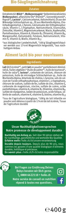 Nutritional values and ingredients Holle A2 Bio-Anfangsmilch 1 (neu) (400 g, up to 12 M.)