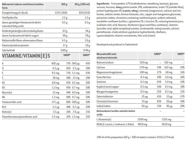 Valeurs nutritives et ingrédients Sponser Récupération (Banane, Fraise, 1 pcs, 60 g)