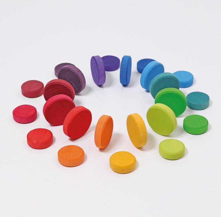Actual product image Grimm's Wooden talers, rainbow (German, French, Swiss German, Italian, English)