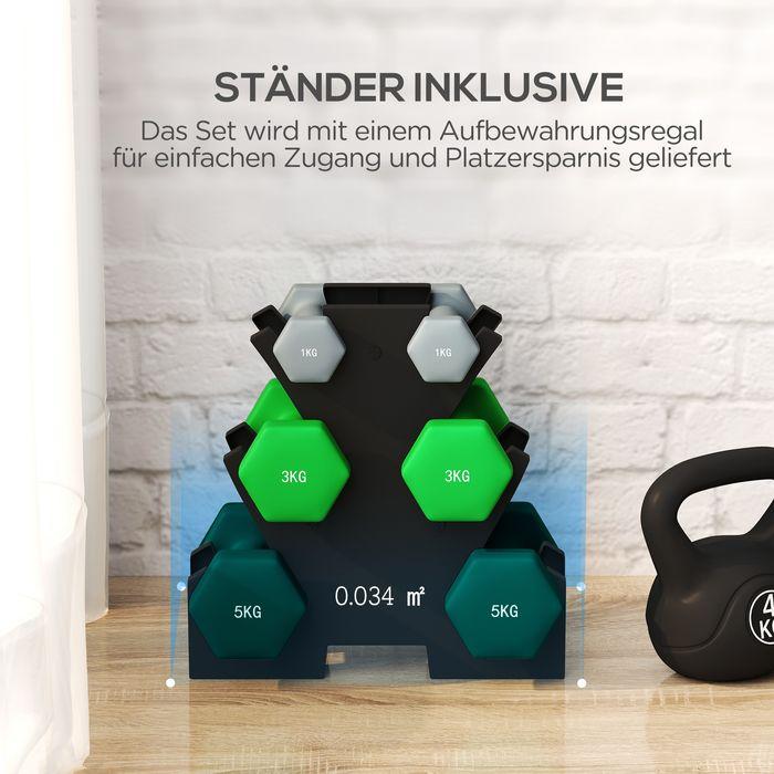 Produktbild Swisshandel24 Hanteln 6 Kurzhanteln mit Hantelständer, 2 x 1kg, 2 x 3kg, 2 x 5kg für Fitness (2 x 5 kg, 2 x 1 kg, 2 x 3 kg)