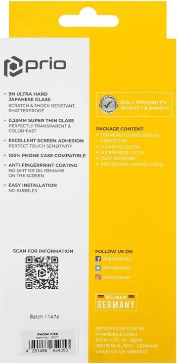 Image du produit prio Verre de protection d'écran pour iPhone 11/XR transparent (1 pièce(s), Apple iPhone XR, Apple iPhone 11)