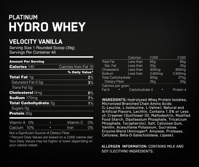 Valori nutrizionali e ingredienti Optimum Nutrition Platinum Hydro Whey (Vaniglia, 1 pz., 1590 g)