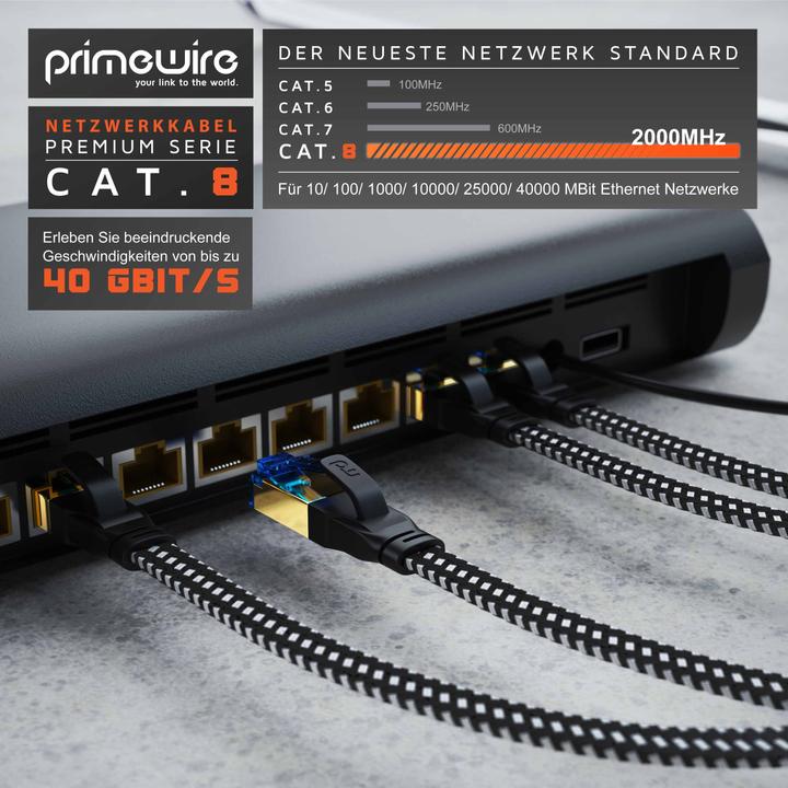 Produktbild Primewire CAT 8 Netzwerkkabel Flach Baumwollmantel - LAN Patchkabel Datenkabel - Flachbandkabel - Verlegekabel (U/FTP, PiMF, CAT8.1, 0.25 m)