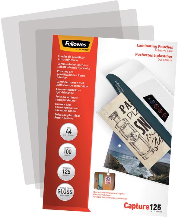 Image du produit Fellowes auto-adhésif. Stratifié. A4, 125 mic (A4, 100 pièce(s), 125 µm)