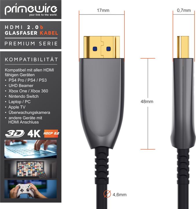 Image du produit Primewire Câble HDMI 2.0b fibre optique, type A, fibre optique Ultra HD, triple blindage, 4K, 3D, ARC (3 m, HDMI)