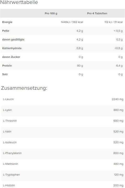 Nutritional values and ingredients IronMaxx 100% EAAs Ultra Strong (180 Tabs) (Neutral, 180 pcs.)