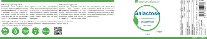 Nutritional values and ingredients Energybalance Galactose hochreines Pulver (1 Piece, Powder, 250 g)