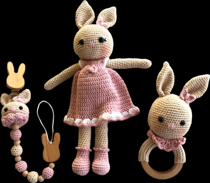 Immagine prodotto MyFriends Animale all'uncinetto, coniglietto con sonaglio e ciuccio a catena (30 cm)