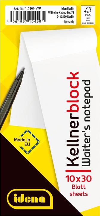 Actual product image Idena Waiter's pad 10s 7x15cm blank FSC mix (Plain)