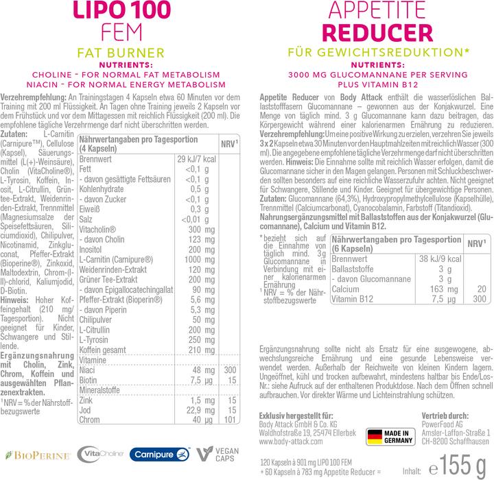 Nährwerte und Zutaten Body Attack Fatburner Box FEM (155 g)