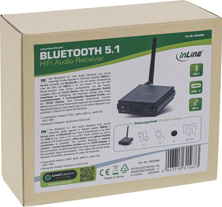 Productafbeelding InLine Bluetooth 5.1 HiFi-ontvanger & USB DAC, met LCD-scherm (Ontvanger)