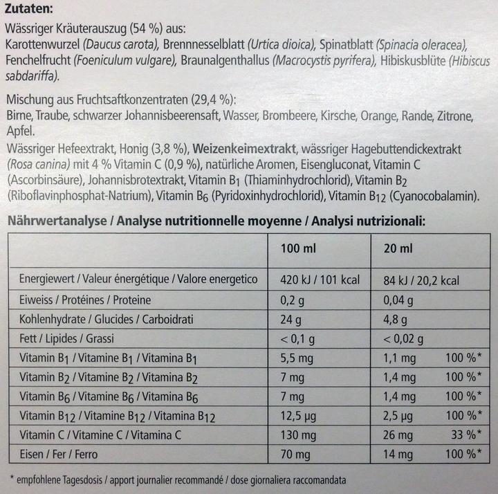 Valeurs nutritives et ingrédients Floradix Fer (1 pièce(s), Liquide, 600 g)