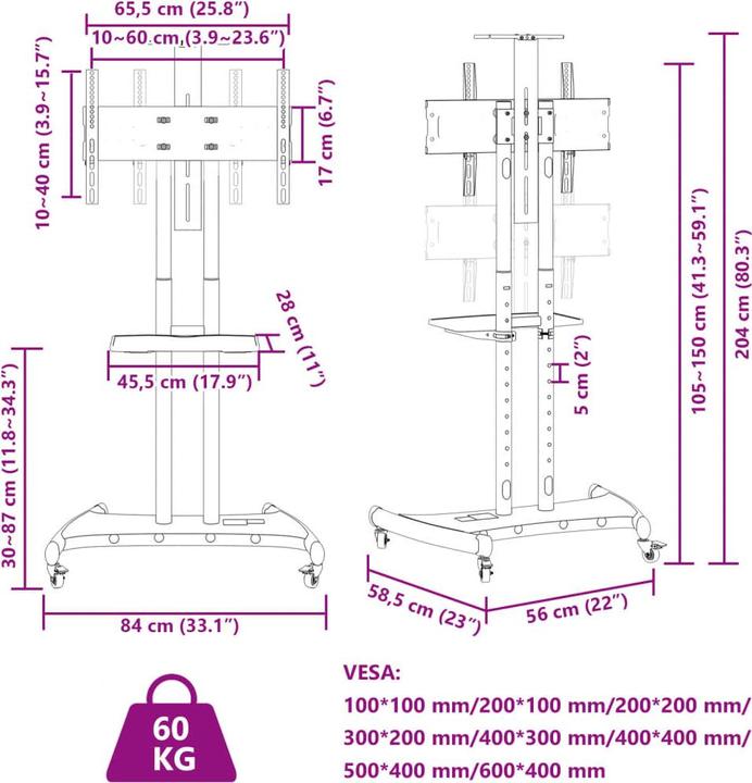 Nährwerte und Zutaten VidaXL TV-Ständer auf Rollen (Diverse, 70", 60 kg)