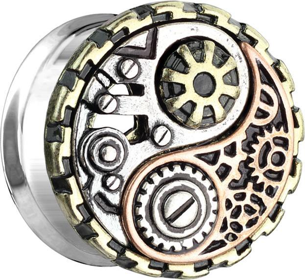 Actual product image Star Piercing Flared Tunnel silver Steampunk Yin and Yang (Brass, Surgical steel 316L)
