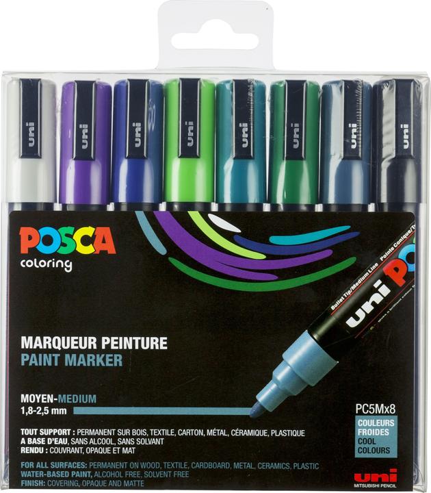 Image du produit Posca Marqueur PC-5M (Blanc, Vert émeraude, Gris ardoise, Violet, Vert foncé, Vert pomme, Noir, Bleu foncé, 2.50 mm, 8 x)