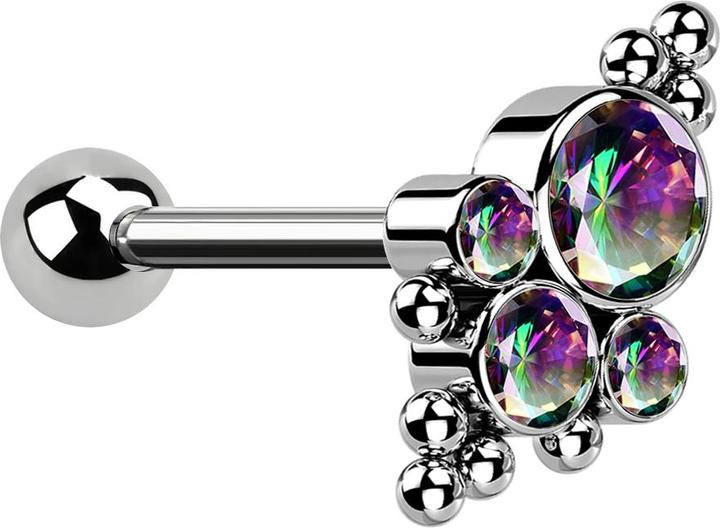 Actual product image Star Piercing Micro barbell internal thread silver with ball and beads four crystals dark multicolour (Titanium G23, without brass)