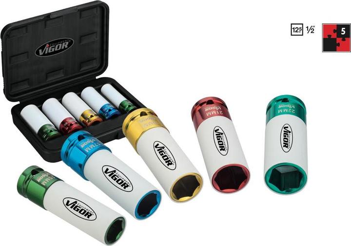 Actual product image Vigor Impact spanner socket set ∙ V2257 ∙ Square12.5 mm (1/2 inch) ∙ Outside Six... (22 mm, 21 mm, 19 mm, 17 mm, 15 mm)