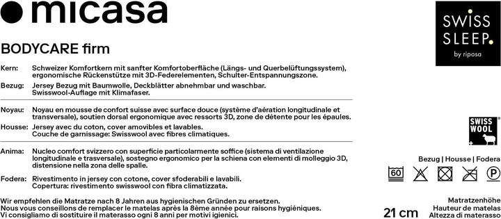 Valeurs nutritives et ingrédients SwissSleep by riposa BODYCARE firm (90 x 200 cm, Noyau de mousse)