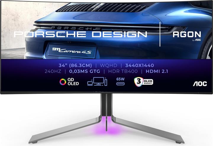 AOC PD3434" Curved OLED Monitor,,, Speakers, height-adjustable, 2x HDMI, DisplayPort, USB Hub, RJ45 (3440 x 1440 pixels, 34")