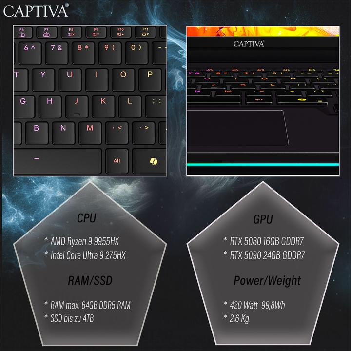 Produktbild Captiva Ultimate Gaming I92-157 (16", Intel Core Ultra 9 275HX, 32 GB, 4000 GB, DE)