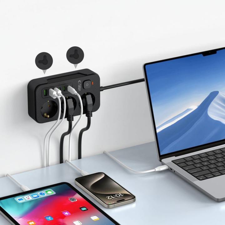 Actual product image Tech-Protect PC3X6 Power Strip 3 Sockets 240V + 3xUSB-A + 3xUSB-C 200cm - Black (3 x, USB-C, USB-A, 2 m)
