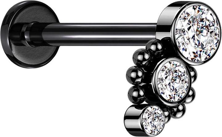 Produktbild Star Piercing Micro Labret Innengewinde schwarz acht Kugeln drei Kristalle silber (ohne Messing, Chirurgenstahl 316L)