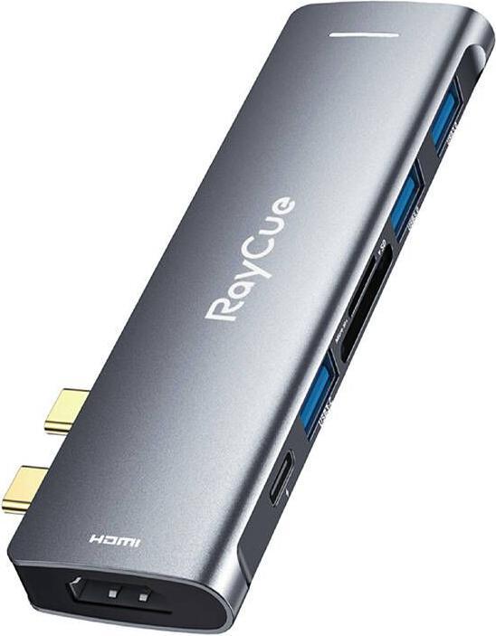 Produktbild RayCue Hub 7w2 2x USB-C do Thunderbolt 3 3x USB-A 3.0 5Gbps SD/TF 3.0 HDMI 4K60Hz (sary) (USB-C, 7 Ports)