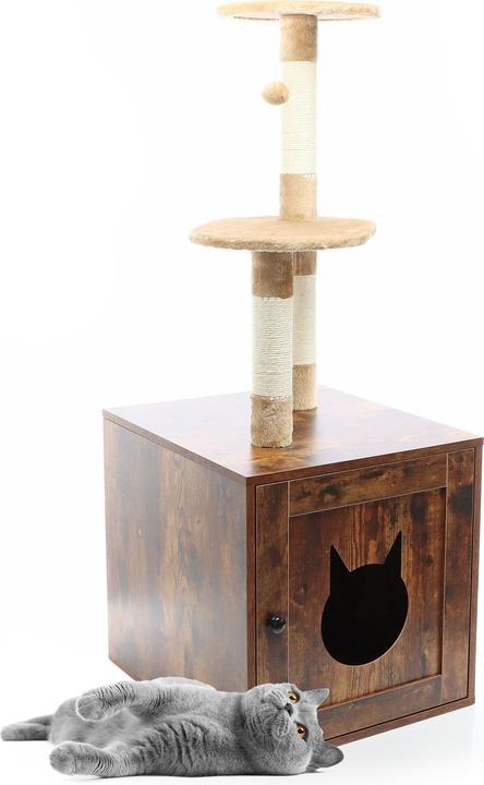 Produktbild Fudajo Kratzbaum Holz 125cm Katzenhaus Katzenkratzbaum Katzenklo Katzenbaum (125 cm, Braun)
