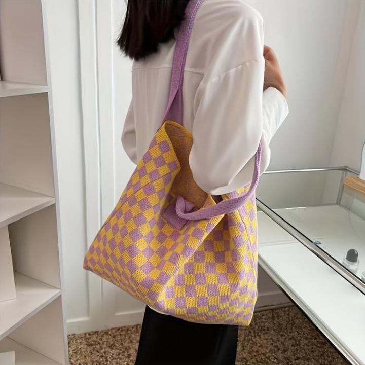 Immagine prodotto Only-Bags.Store Borsa a tracolla a maglia a quadri, borsa a tracolla con motivo a quadri di tendenza, borsa a mano