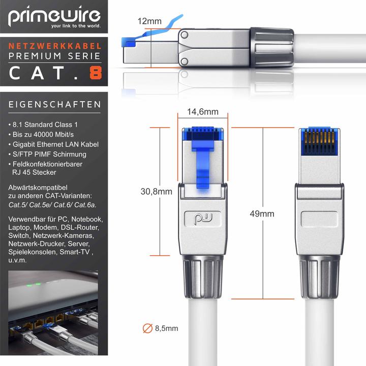 Immagine prodotto Primewire Cavo LAN CAT.8, RJ-45, cavo di rete CAT 8, Gigabit Ethernet 40 Gbit/s, cavo patch S/FTP Pimf (S/FTP, CAT8.1, 10 m)