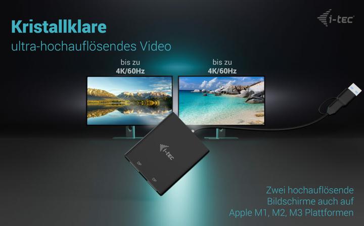 Image du produit i-tec Adaptateur vidéo USB-A/USB-C Dual 4K DP Adaptateur d'affichage 2x 4K DP avec puce DisplayLink 6950 (DP, 27 cm)
