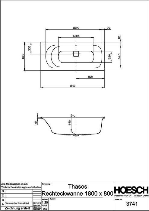 Produktbild Hoesch Badewanne THASOS 1800x800x490mm weiss (183 l, 182 cm, 80 cm)