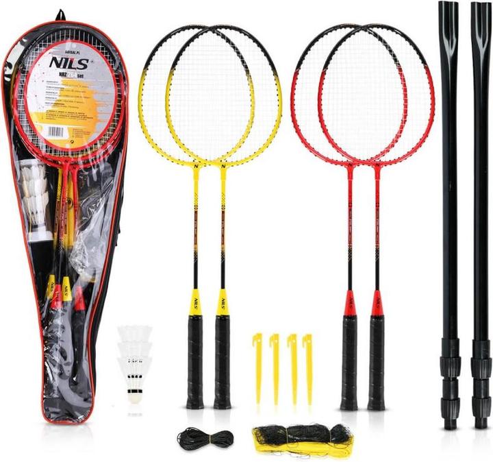 Produktbild Nils NRZ264 ALUMINIUM Badmintonset 4 Schläger 3 Federpfeile 600x60cm Netz Koffer