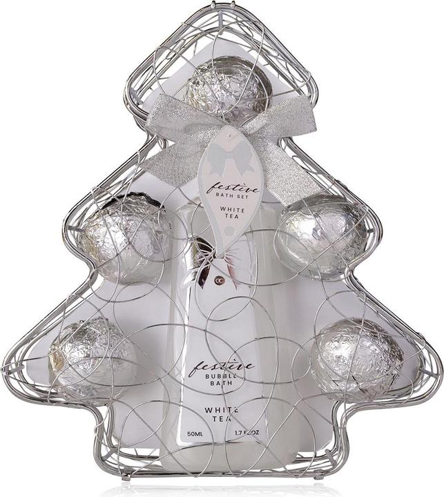 Produktbild Accentra Badeset FESTIVE in baumförmigem Drahtkorb, inkl. 210ml Schaumbad, 5 x 40g Badefizzer, Duft: White Te (Haarpflege set)