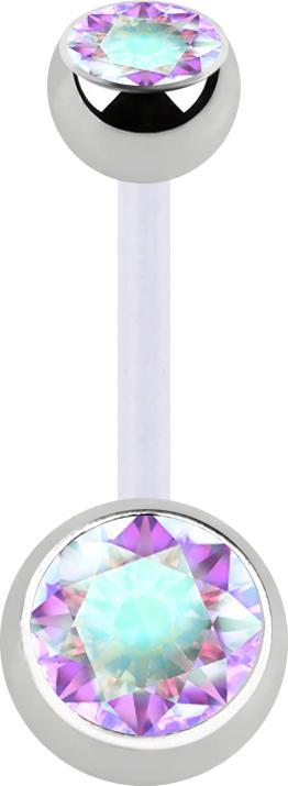Star Piercing Banane transparent mit zwei Kugeln silber Kristall multicolor (Bioflex, ohne Messing, Chirurgenstahl 316L)