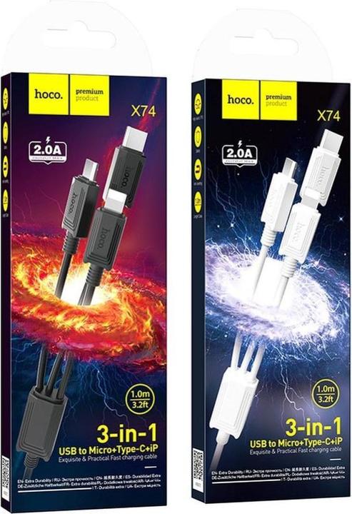 Actual product image Hoco Cable cable 3in1 USB A to Lightning / Micro USB / Type C 2A X76 1 m black (1 m)
