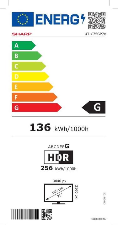 Etichetta energetica Sharp 75GP7265E (75", QLED, 4K, 2025)