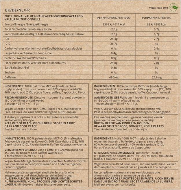 Valeurs nutritives et ingrédients Go-Keto Instant Keto Latte Cappuccino (1 pièce(s), 250 g)
