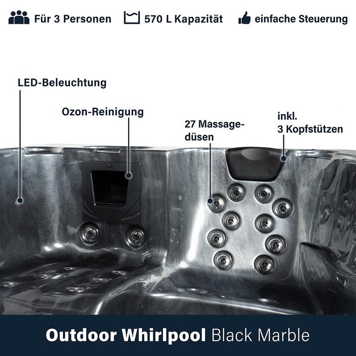 Produktbild Home Deluxe Outdoor Whirlpool BLACK PEARL, 27 Massagedüsen, Beleuchtung, Treppe und Thermoabdeckung, 3 Personen
