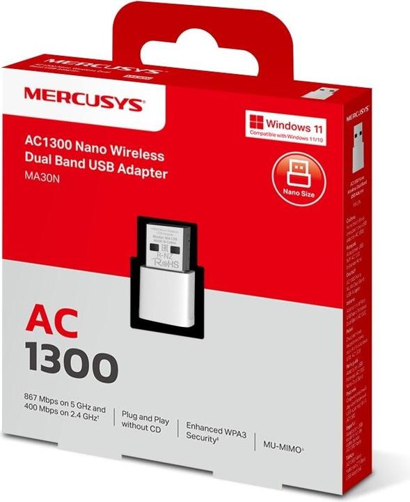 Productafbeelding Mercusys MA30N AC1200 Nano WiFi USB-adapter (USB)