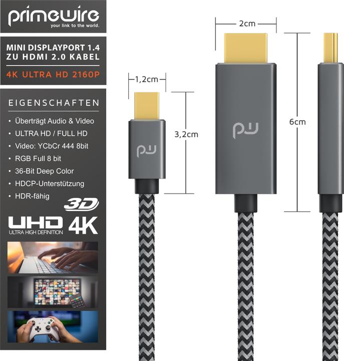 Image du produit Primewire Câble Mini DisplayPort vers HDMI Type A, adaptateur 4k mDP 1.4 vers HDMI 2.0, 4k@60Hz, Thunderbolt (1 m, HDMI, Autre)