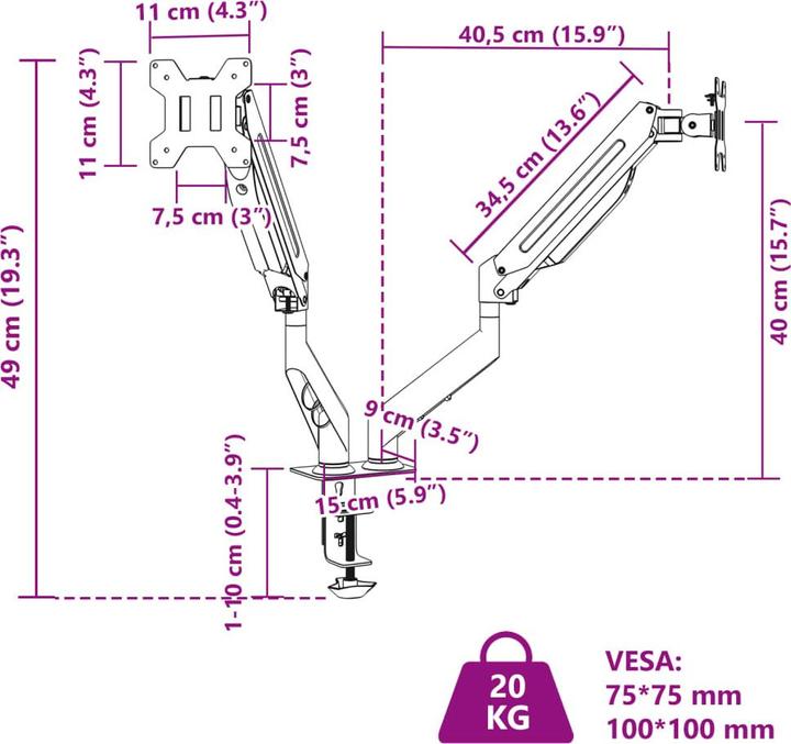 Nutritional values and ingredients VidaXL Double monitor arm for max 27 inch VESA 75/100 mm 20 kg (27")