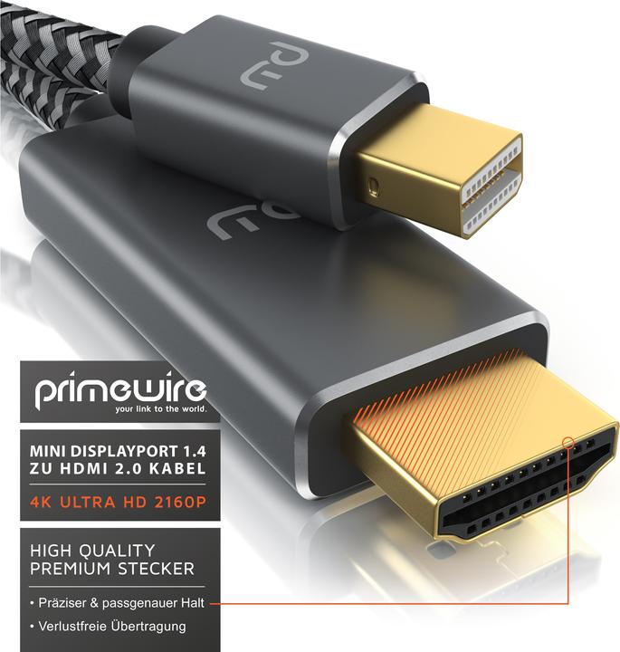 Image du produit Primewire Câble Mini DisplayPort vers HDMI Type A, adaptateur 4k mDP 1.4 vers HDMI 2.0, 4k@60Hz, Thunderbolt (1 m, HDMI, Autre)