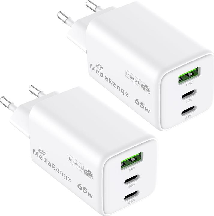 Immagine prodotto MediaRange Adattatore per la ricarica rapida, GaN, 2x USB-C e 1x USB-A, PD e QC, 65 watt, set di 2 (65 W)