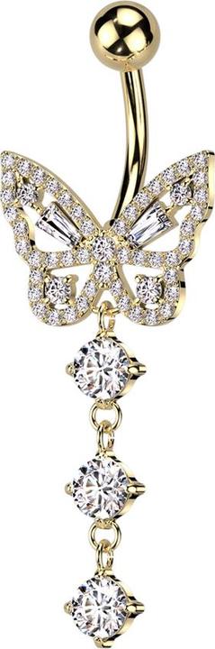 Produktbild Star Piercing Banane vergoldet mit Kugel und Schmetterling Anhänger Kette mit drei Kristallen silber (Chirurgenstahl 316L/Messing)