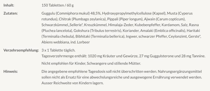 Nährwerte und Zutaten Classic Ayurveda Yogaraja Guggulu (150 Stück, 180 g)