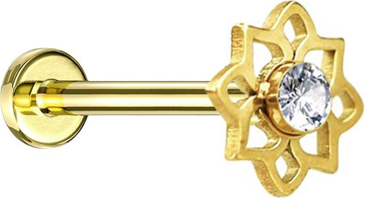 Actual product image Star Piercing Micro Labret Innengewinde vergoldet Blume Kristall silber (without brass, Surgical steel 316L)