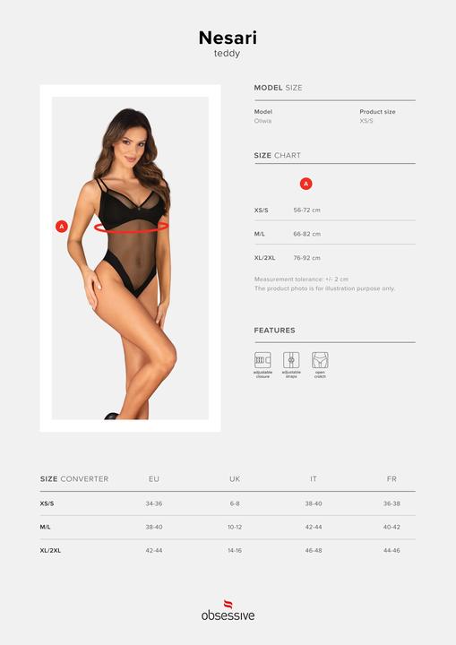 Actual product image Obsessive Nesari Crotchless Teddy - Black (S)